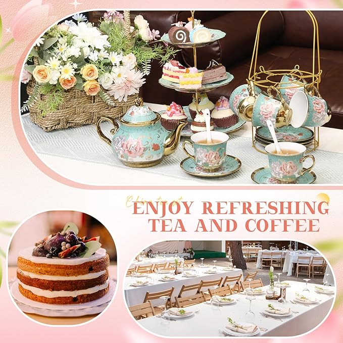 21 Pcs Ceramic Teapot Set Vintage Porcelain Tea Cups with Metal Holder and High Tier Cupcake Stand Saucers for Women Girls Farmhouse European Weddings Party Decor Gifts(Green,Summer)