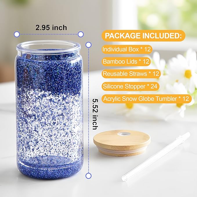 12 Pack Acrylic Snow Globe Tumbler with Bamboo Lids and Straws 16 oz Plastic Snowglobe Tumbler with Pre Drilled Hole Clear Double Wall Snowglobe Cups for Snow Globe Glitter DIY