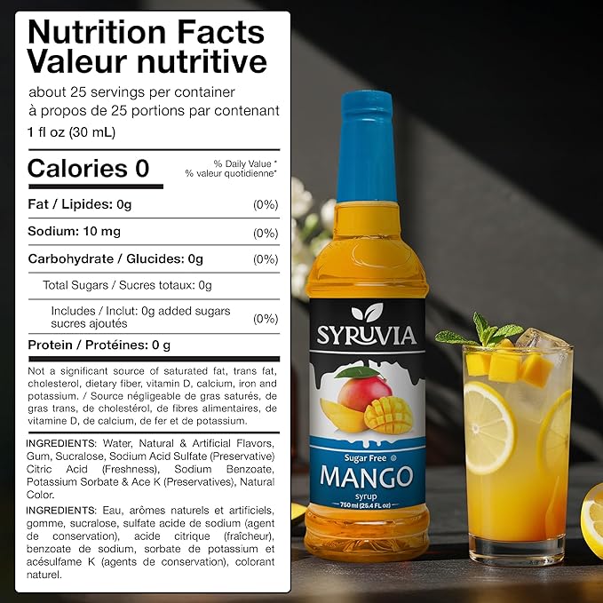 Syruvia Sugar-Free Mango Syrup, Flavored Syrup for Drinks, Cocktails, Lemonades, Iced Teas, and Desserts – 25.4 fl oz