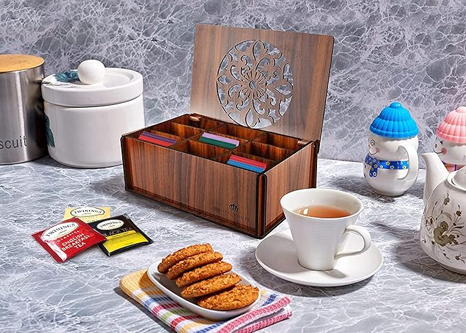 RoyalHouse Premium Wood (Hard MDF) Tea Storage Box Organizer (Brown), Eco-Friendly Multi-Functional Decorative Box, 9 Compartments For Assorted Variety Of Tea Bags and Small Items