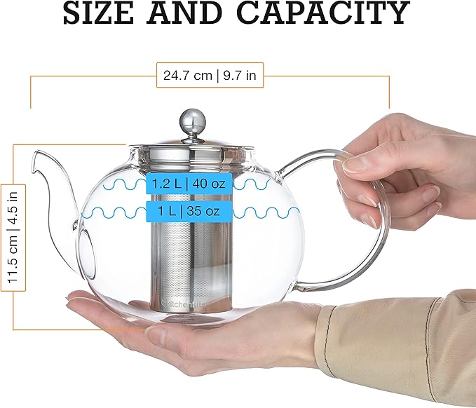 Glass Teapot Set with 4 Double Wall Tea Cups & Removable Stainless Steel Infuser, 35oz/1000ml Borosilicate Tea Kettle Stovetop Safe, Loose Leaf & Blooming Tea Maker Gift Set for Women