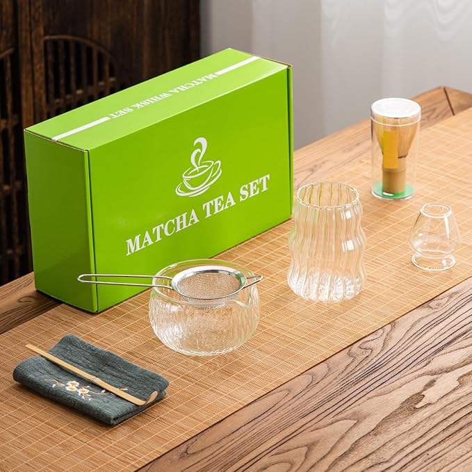 7Pcs Japanese Matcha Tea Set, Matcha Kit with Matcha Bowl (with Pouring Spout), Matcha Whisk, Whisk Holder, Strainer - Elegant Matcha Set for Gifting, Gift Box Packaging glass