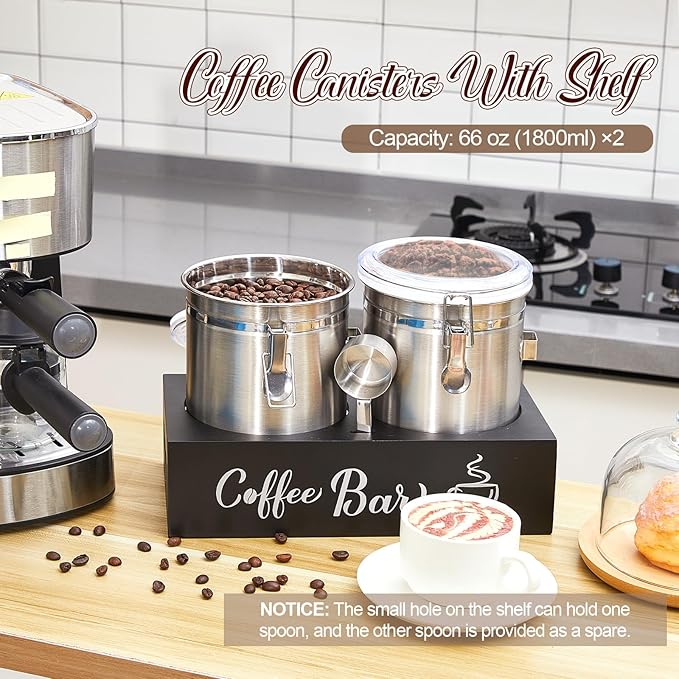 Maxcheck 2 Pcs 66 oz Coffee Sugar Canisters with Shelf & Scoop, Easter Gifts Airtight Stainless Steel Container with Lids, Home Kitchen Food Storage Jars for Grounds, Beans, Tea, Cereal(Silver)