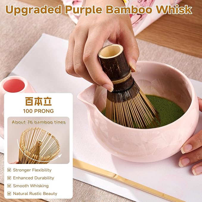 Matcha Whisk Set – Crystalline Glaze Bowl, Bamboo Whisk & Holder, Scoop & Sifter with Holder, Cup with Lid & Straw, Ice Cube Tray & Tea Towel – Pink Matcha Gift Set for Women, Women Gifts