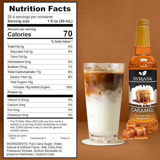 Syruvia Coffee Syrup, Caramel Flavored Syrup for Drinks, Lattes, and Desserts – 25.4 fl oz, With Pump