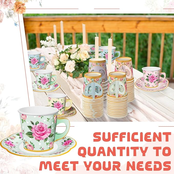 Umigy 36 Sets Tea Party Decorations 9 oz Floral Paper Tea Cups with Handle and Plates Disposable Blossom Teacups and Saucers Sets for Girls Kids Birthday Garden Wedding Party Supplies(Multicolored)