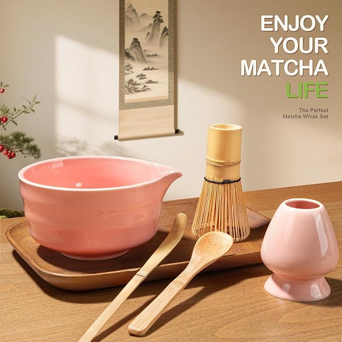 FEXIA 10 Pcs Matcha Whisk Set, Matcha Making Kit, Powerful Milk Frother Wand, Bowl With Spout, Bamboo Whisk, Whisk Holder, Stainless Sifter, Spoon for Japanese Traditional Tea Tools Gift (Pink)