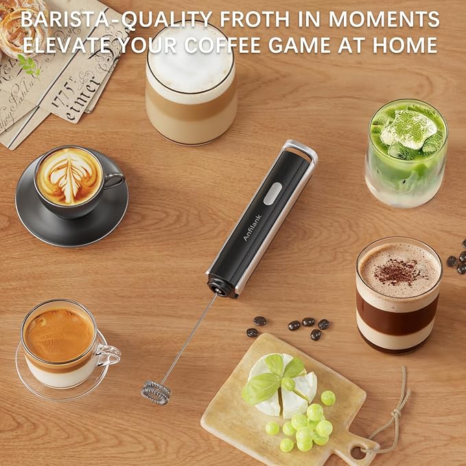 Handheld Milk Frother Wand with Folding Stand, Rechargeable Electric Whisk with 3 Speeds & 3 Stainless Heads, Milk Foam Maker with Stand for Latte, Cappuccino, Hot Chocolate, Egg