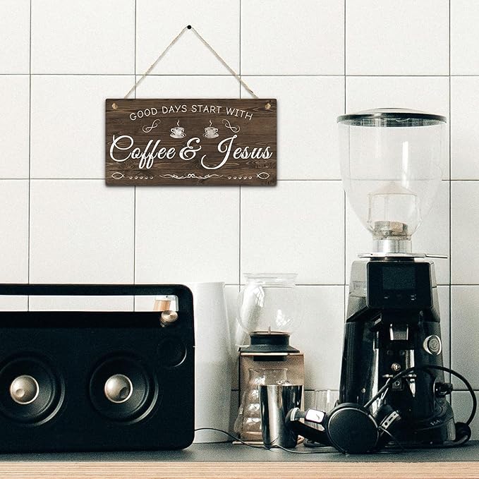 Putuo Decor Coffee Sign, Kitchen Coffee Bar Decor, 12 x 6 Hanging Plaque, Gifts for Coffee Lover (Good Days Start with Coffee & Jesus)