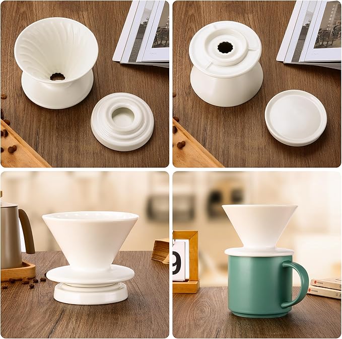Pour Over Coffee Maker, Ceramic Coffee dripper with 100 pcs Paper Filter, Ceramic coffee Server with Lid, 15.5oz/450 ml, Suitable for 1-2 people (White A)