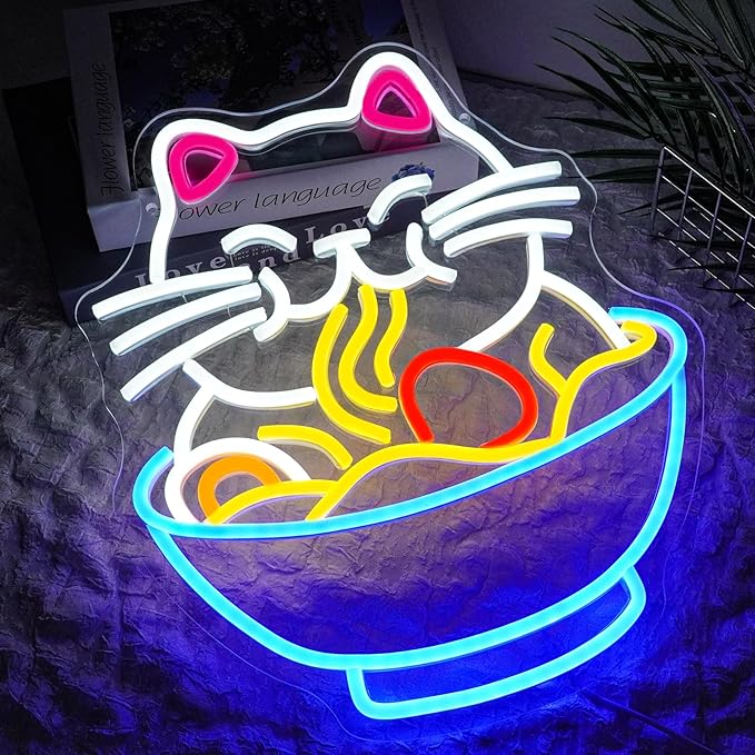 Fortune Cat Ramen Neon Sign Dimmable Lucky Cat Neon Light Sign for Wall Decor Japanese Noodles Led Signs for Home Kitchen Restaurant Bar Party Business Decor Gift 12.6" x 15"