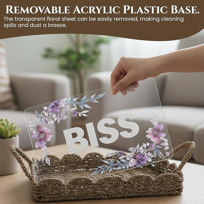 BISS Scalloped Rattan Serving Tray with Removable Floral Transparent Board – Natural Rattan Decorative Tray with Foldable Handles & Scalloped Edge – Wicker Woven Tray for Coffee Table, Dining