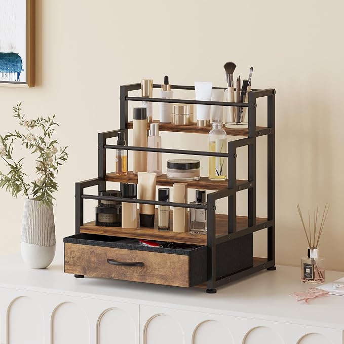 3-Tier Cologne Stand with Fabric Drawer, Cologne Organizer for Men, Spacious Wine Rack,Coffee Syrup Stand for Kitchen, Bathroom & Bar Counter Décor - Image 5