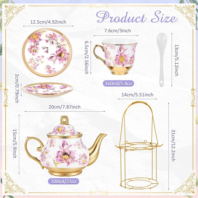 Zhehao 20 Pcs Porcelain Tea Set with Metal Holder and Spoon Adult Ceramic Tea Set European Flower Painting Teapot Cup Saucer Spoon for Women, Large Version(Purple Style)