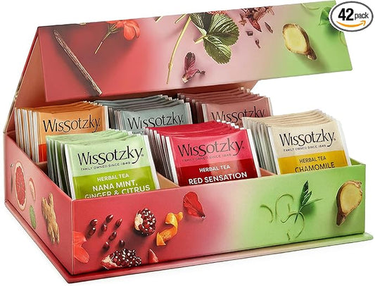 Wissotzky Herbal Tea Variety Pack Sampler (42 Tea Bags) in a Premium Reusable Gift Box | Valentines Day Gift | Caffeine-Free | 6 Exciting Flavors | Individually Wrapped Tea Bags | Ideal Present for Holiday & Corporate Gifting | Magnetic Closure Box | K...