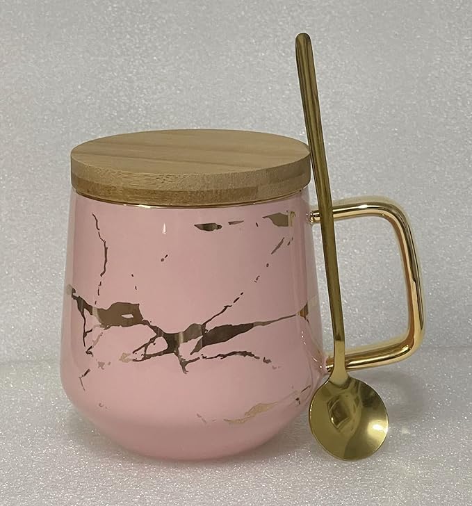 YBK Tech Porcelain Tea Cup Coffee Mug Set for Afternoon Tea - Marble Pattern (Pink, Tall 400ml + wood lid)