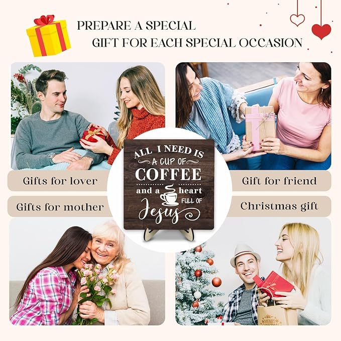 Coffee Bar Sign Plaque Decor-A Heart Full of Jesus,Cafe Bar Accessories,Christian Rustic Wooden Tabletop Plaque with Stand, Faith Scripture Mini Counter Sign for Kitchen Coffee Station Office 5.9x5.9