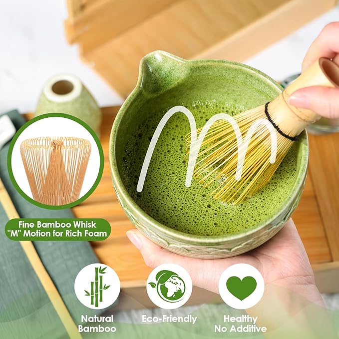 Matcha Whisk Set, ZBUFAN 7 Pcs Green Matcha Kit with Bamboo Whisk(Chasen) and Holder, Ceramic Matcha Bowl with Spout, Japanese Tea Set with Matcha Sifter and Scoop