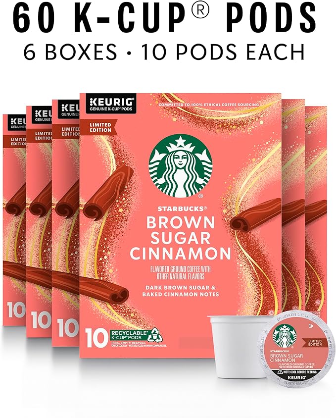 Starbucks K-Cup Coffee Pods, Flavored Hot or Iced Coffee, Brown Sugar Cinnamon, 60 Keurig Pods