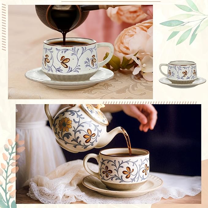 LemonRoad 1 Set Vintage Tea Cup and Saucer Set Floral Tea Cup with Saucer 10oz Porcelain Vintage Coffee Mugs for Spring Party Birthday Gift Coffee (Tang Grass Design)