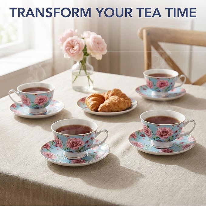 BTaT- Floral Tea Cups and Saucers, Set of 4, 8 oz, Fine Porcelain Teacup Set with Gold Trim for Afternoon Tea, Weddings, Parties & Gifting, Dishwasher Safe and Freezer Safe