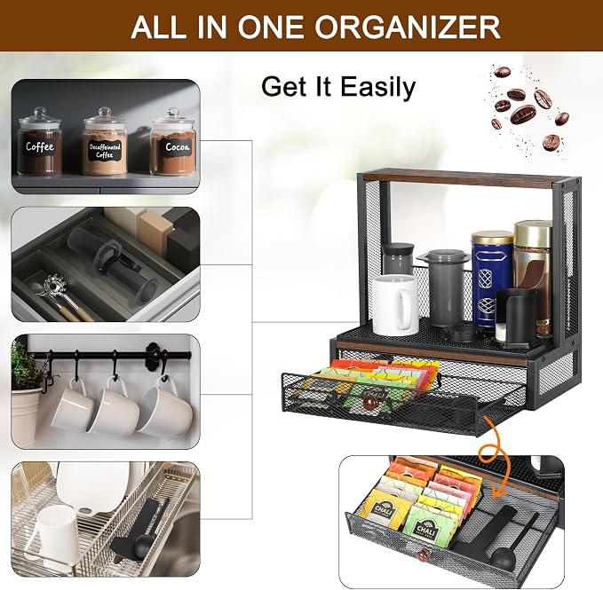 TQVAI Coffee Bar Organizer, Countertop Coffee Station with Drip Mat and Sliding Pods Drawer, Coffee Press Stand Compatible for Original/Go/XL Model Flow Control Filter Cap Scoop, Black/Antique - Image 5