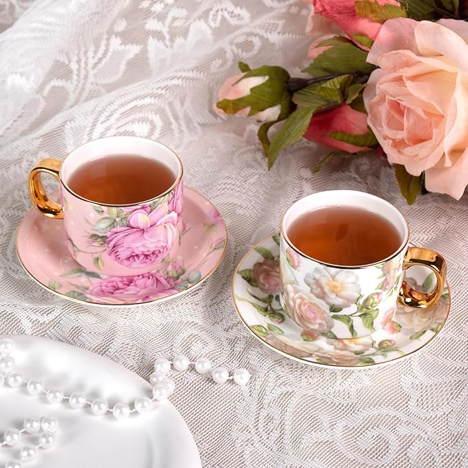KAMMAK Tea Cups and Saucers Set of 2, Fine Bone China Coffee Cups, Stackable Espresso Mugs, Ceramic Demitasse for Coffee, Cappuccino, Latte, Americano, Tea, White Rose + Beauty Rose