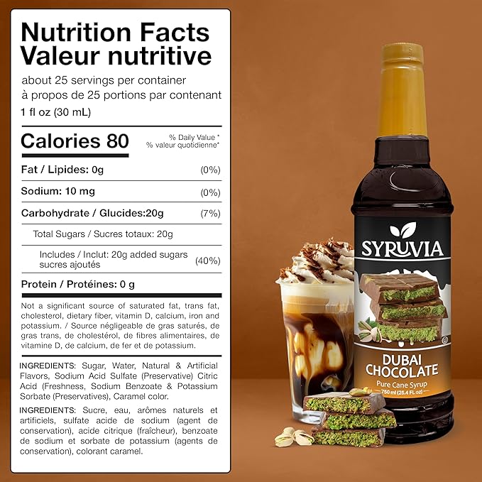 Syruvia Dubai Chocolate Coffee Syrup - 25.4 fl oz - Kosher Syrups, Gluten Free, No Coloring, Perfect for Drinks, Soda, Shakes, Desserts, and More With Pump