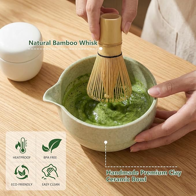 Matcha Whisk Set 11 Pcs - Japanese Matcha Kit with Bamboo Chasen, Ceramic Bowl with Spout, Scoop, Sifter, Towel - Tea Ceremony Gifts for Matcha Lovers, Christmas, Beginners, Birthday (Green)