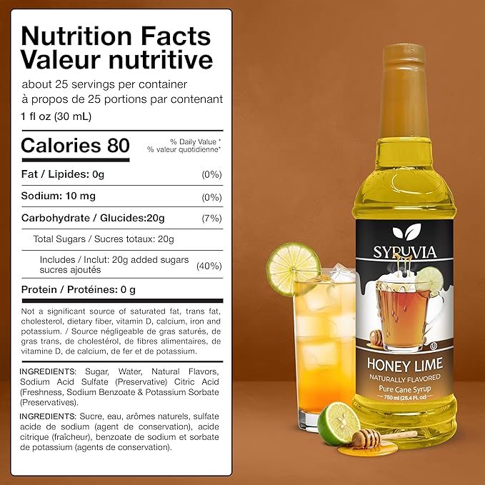 Syruvia Honey Lime Flavored Syrup for Drinks, Cocktails, Mocktails, Iced Teas and Desserts – 25.4 fl oz, With Pump