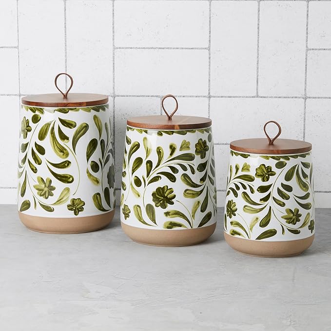 TTU Tabletops Gallery Ceramic Canister Collection- Stoneware Designed Kitchen Storage Acacia Wood White Set, 3 Piece Botanical Green Canister Set