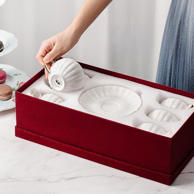 BTaT- Cappuccino Cups with Saucers 7 oz with Gift Box, Set of 6, White Porcelain Coffee Cup and Saucer Set for Latte with Golden Trim Design, Dishwasher Safe, Mocha, Tea, Au Lait, Flat White