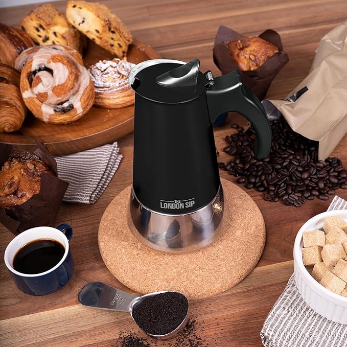London Sip Stainless Steel Stovetop Espresso Maker Moka Pot Italian Coffee Percolator, Matte Black, 6 Cup