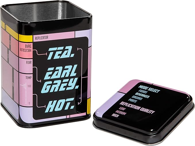getDigital Tea Tin, Tea. Earl Grey. Hot. - Metal caddy with lid for loose leaf tea storage - Shows the replicator interface from a classic Sci-Fi TV Show - Capacity 17 fl oz