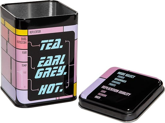 getDigital Tea Tin, Tea. Earl Grey. Hot. - Metal caddy with lid for loose leaf tea storage - Shows the replicator interface from a classic Sci-Fi TV Show - Capacity 17 fl oz