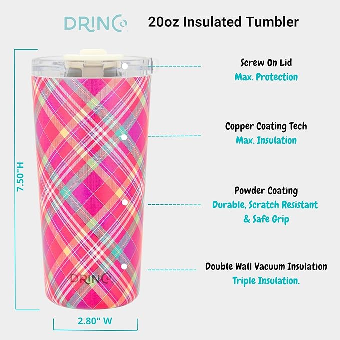 Drinco - 20 oz Stainless Steel Tumbler | Double Walled Vacuum Insulated Mug With Lid, 2 Straws, For Hot & Cold Drinks (20oz Madras Plaid)
