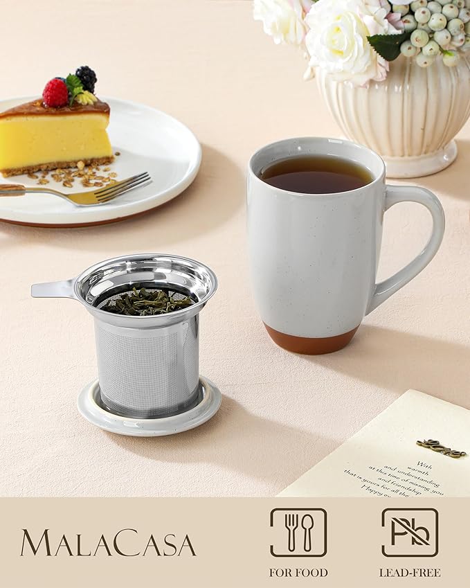 MALACASA Ceramic Tea Mug with Lid and Stainless Steel Infuser, 18 oz Large Tea Cup for Loose Leaf Tea, Heat-Resistant, Microwave & Dishwasher Safe, Speckled Glaze Coffee & Tea Brewer Mug, Khaki Gray