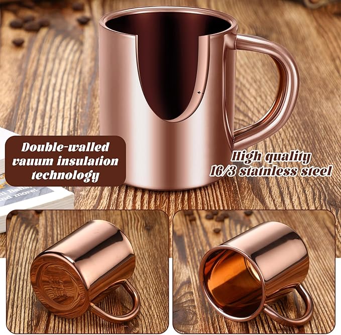 Cunhill 4 Set Small Stainless Steel Coffee Mug 7.5oz/220ml Double Walled Cups Camping Mug with Handle Metal Dishwasher Safe Tea Cups for Home Travel Camping Outdoors Rv Keep Drinks Hot (Rose Gold)
