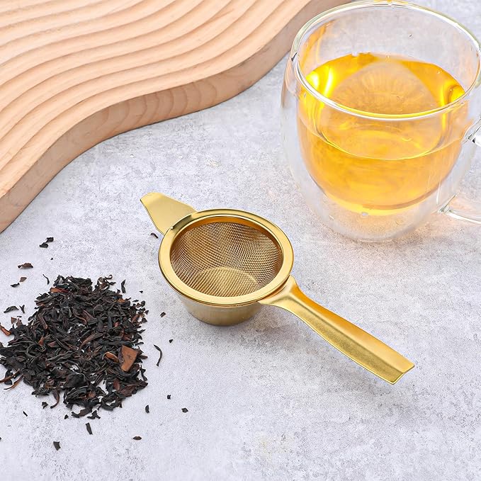 TIESOME 2.2"Gold Matcha Sifter Strainer, 30 Fine Mesh Mini Strainer for Tea with Handle and Base Stainless Steel Small Tea Strainer for Loose Coffee Cocktail with Base (Gold)