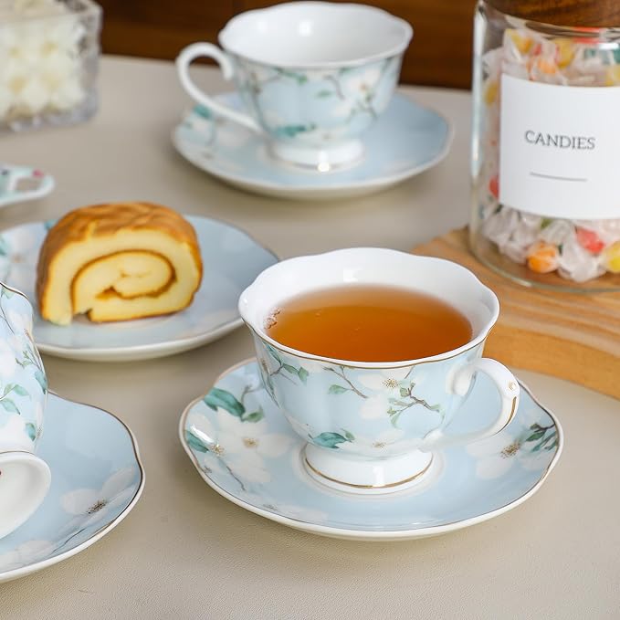 Porcelain Tea Cup and Saucer Set of 6 (12-Piece) – Ceramic 6oz Embossed Floral Cups with Gold Trim, Elegant Set for Afternoon Tea & Gifting