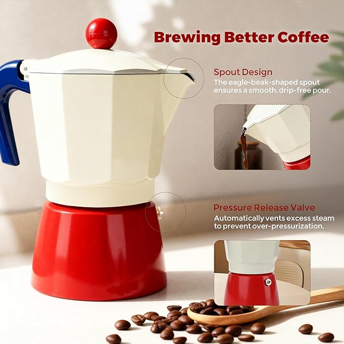 ShanSon Moka Pot Stovetop Espresso Maker 3 Cup 5 oz Italian Coffee Maker Manual Cuban Coffee Percolator Machine Italian Espresso Greca Coffee Maker for Cappuccino or Latte,Red/White