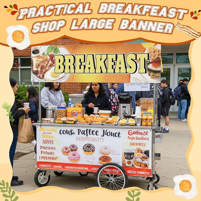 Tegeme Breakfast Banners Sign 2 x 10 Feet Breakfast Flag Decoration Oxford Fabric Banners with 10 Holes for Business Store Outside