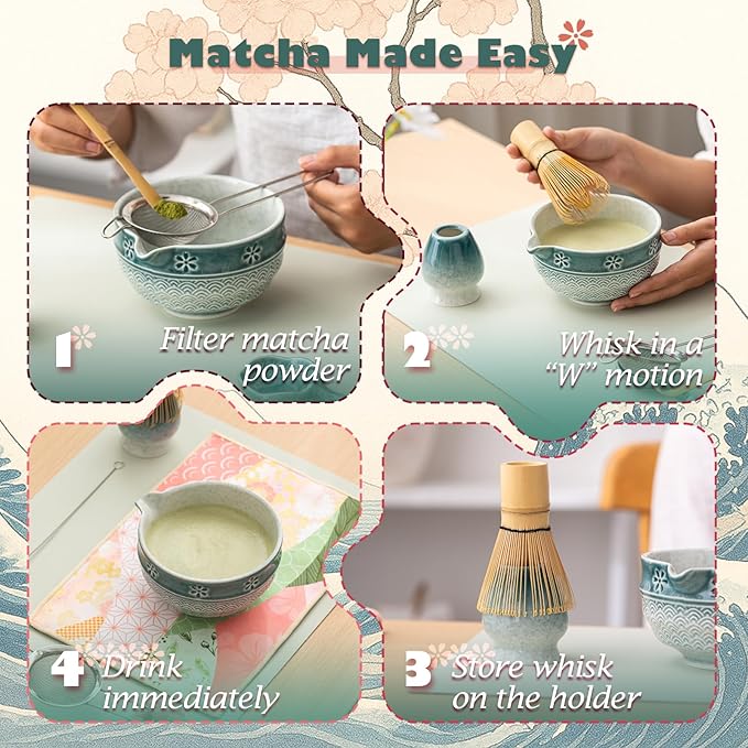 Matcha Tea Set, 8 Pcs Japanese Matcha Kit with Cherry Blossom and Wave Design Ceramic Bowl, Bamboo Whisk, Whisk Holder, Scoop, Sifter, Brush, Matcha Kit Set for Matcha Lovers (Blue Gradient)