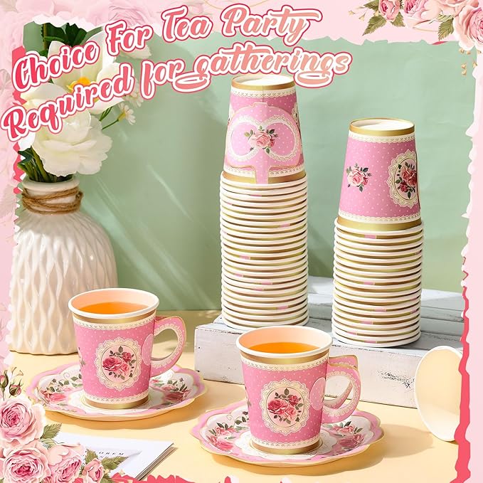 Tioncy 100 Pcs Tea Party Decorations Include 50 Pieces 9 oz Paper Tea Cups with Handle and 50 Plates Disposable Teacups and Saucers Sets for Birthday(Floral)