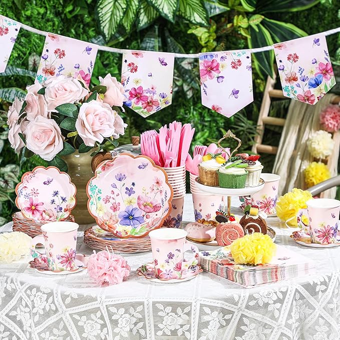 176 Pcs Tea Party Supplies Include Floral Paper Tea Cups and Saucers Disposable Blossom Theme Paper Plates and Napkins Flower Banners for Baby Shower Birthday Bridal Wedding Spring Party