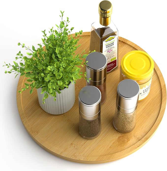 Lazy Susan Organizer Homerays 12 Inch Non-Skid Bamboo Lazy Susan for Kitchen Rotating Spice Rack for Kitchen Cabinet, Wood Turntable for Kitchen Countertop Organizer by Homerays