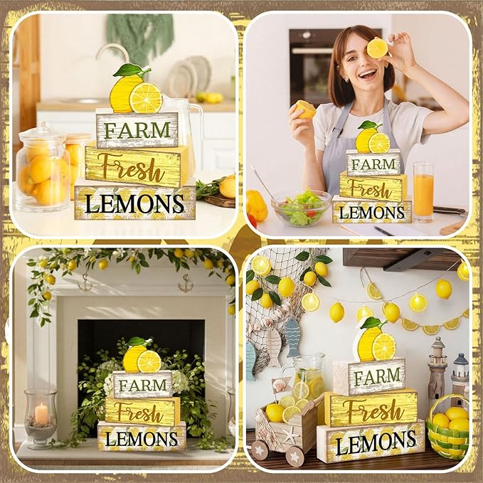 Moucuny 4 Pcs Summer Lemon Decor Wooden Lemon Tiered Tray Decor Farmhouse Rustic Lemons Table Decoration Lemons Book Block Summer Decoration for Home Office Kitchen Mantel Shelf