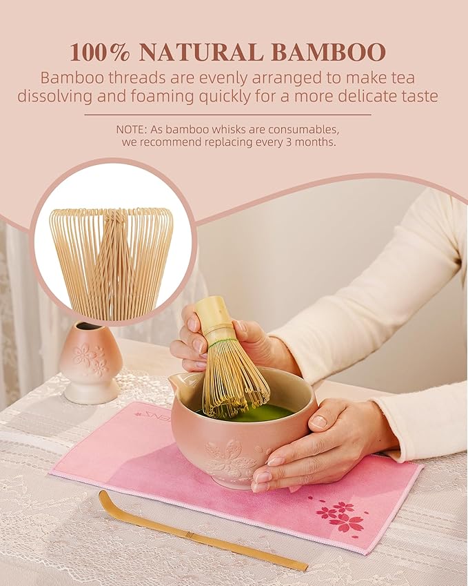 ZENS Matcha Whisk Set, 6pcs Matcha Kit Set with Matcha Bowl, Bamboo Whisk & Scoop, Chasen Holder, 304 Stainless Steel Sifter, Tea Mat for Japanese Tea Ceremony- Pale Pink