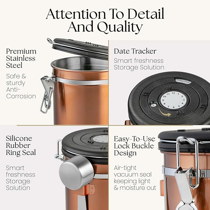 Mixpresso Copper 16 Oz Stainless Steel Coffee Canister with Scoop – Airtight Coffee Container with CO2 Valve for Bean Storage, Date Tracker Lid