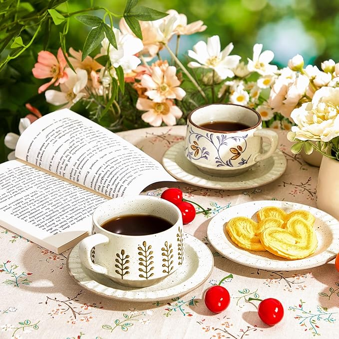 LemonRoad 1 Set Vintage Tea Cup and Saucer Set Floral Tea Cup with Saucer 10oz Porcelain Vintage Coffee Mugs for Spring Party Birthday Gift Coffee (Tang Grass Design)